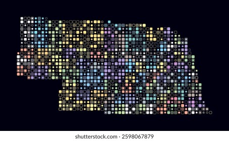 Nebraska, shape of the state built of colored cells. Digital style map of Nebraska on a dark background. Small size rounded square blocks. Classy vector illustration.