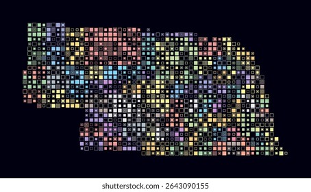 Nebraska, shape of the state built of colored cells. Digital style map of Nebraska on a dark background. Small size square blocks. Amazing vector illustration.