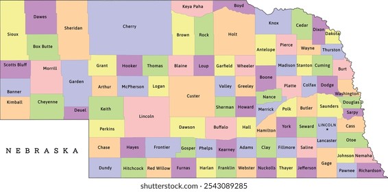 Nebraska state administrative map with counties. Colored. Vectored. Bright colors