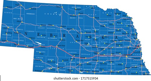 Nebraska state detailed political map