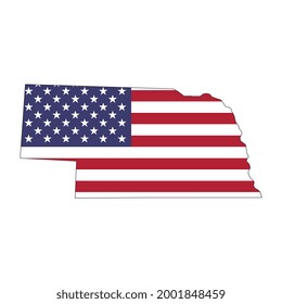 Nebraska state map with American national flag on white background