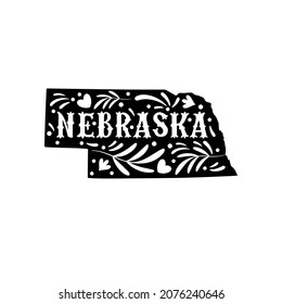 Nebraska state map with doodle decorative ornaments. For printing on souvenirs and T-shirts