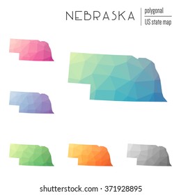 Nebraska state map in geometric polygonal style. Set of Nebraska state maps filled with abstract mosaic, modern design background. Multicolored state map in low poly style.