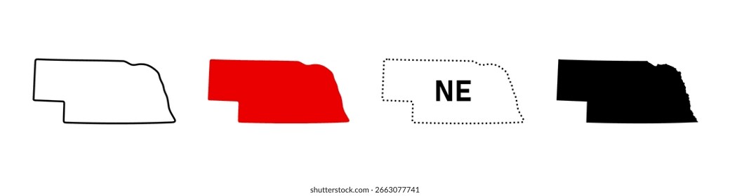 Conjunto de iconos de mapa del estado de Nebraska. Silueta de estado de EE. UU. en contorno, línea sólida, punteada y signo de abreviatura NE. Símbolo del estado del Medio Oeste. Pictograma de la capital de Lincoln. Ilustración de geografía de Estados Unidos.