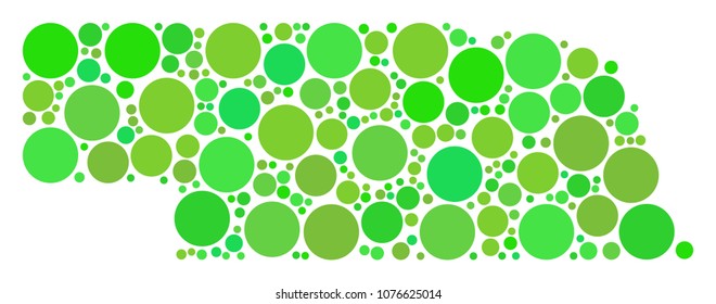 Nebraska State Map mosaic of random filled circles in various sizes and ecological green shades. Vector small spheres are grouped into nebraska state map collage.