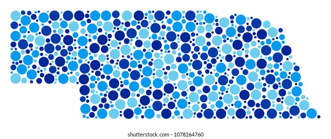 Nebraska State Map mosaic of round dots in various sizes and blue color tinges. Scattered round elements are united into Nebraska State Map collage. Vector geographic blue map design concept.