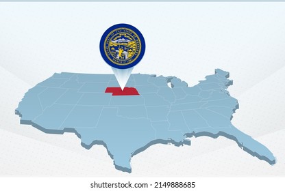 Nebraska state map on United States of America map in perspective. Vector presentation.