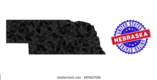 Nebraska State map polygonal mesh with filled triangles, and scratched bicolor stamp seal. Triangle mosaic Nebraska State map with mesh vector model, triangles have different sizes, and positions,