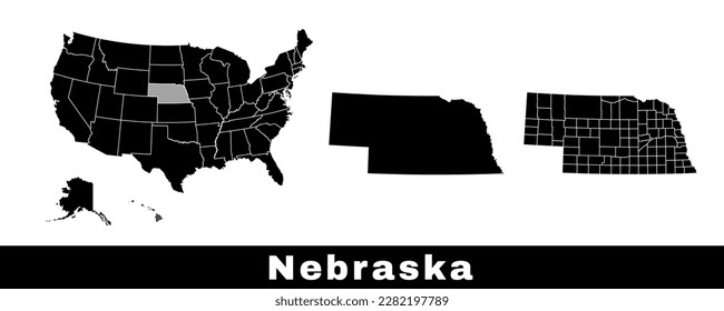 Nebraska state map, USA. Set of Nebraska maps with outline border, counties and US states map. Black and white color vector illustration.