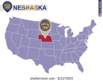 Nebraska State on USA Map. Nebraska flag and map. US States.
