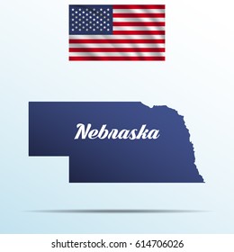 Nebraska state with shadow with USA waving flag