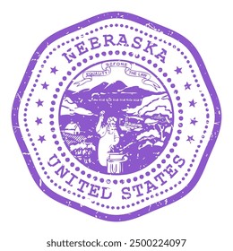 Nebraska state stamp with seal, USA travel stamp, shabby postmark of Nebraska, vector