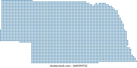 Nebraska state of USA map dots vector outline illustration in blue background. Dotted map of Nebraska state of United States of America. Creative pixel art map with highly detailed border 