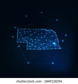 Nebraska state USA map glowing silhouette outline made of stars lines dots triangles, low polygonal shapes. Communication, internet technologies concept. Wireframe futuristic vector illustration