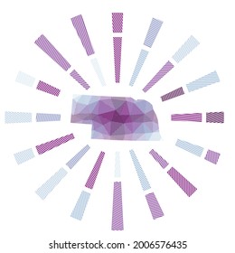 Nebraska sunburst. Low poly striped rays and map of the US state. Artistic vector illustration.