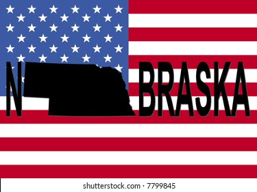 Nebraska text with map on American flag illustration