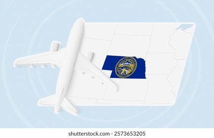 Nebraska Travel Illustration with Plane and National Flag. Ideal for travel agencies, promotional materials, or geographic content related to Nebraska.