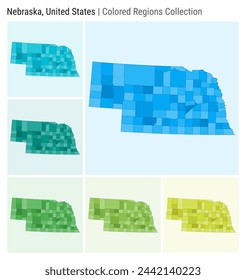 Nebraska, Vereinigte Staaten. Kartensammlung. Status-Form. Farbige Landkreise. Hellblau, Cyan, Teal, Grün, Hellgrün, Lime-Farbpaletten. Grenze von Nebraska zu den Countys. Vektorgrafik.