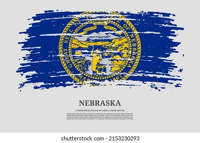 Nebraska US flag with brush stroke effect and information text poster, vector background