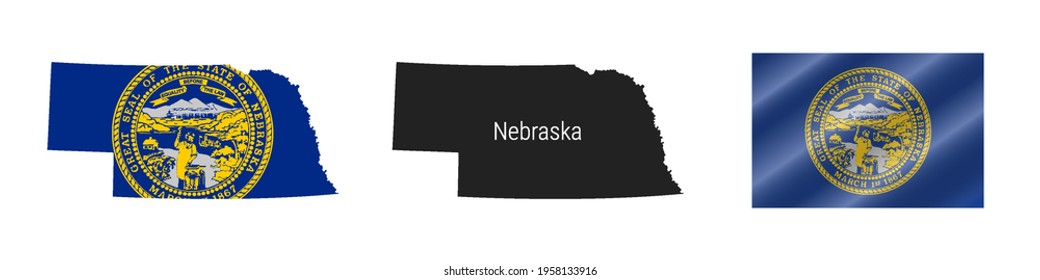 Nebraska US state map with masked flag. Detailed silhouette. Waving flag. Vector illustration isolated on white.