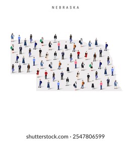 Nebraska US state population map. Large group of realistic a diverse crowd of people figures. Flat vector illustration isolated on white.