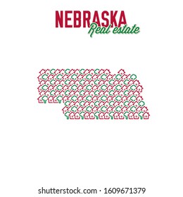 Nebraska US state realty creative concept. Icons of houses with gardens in the shape of a map of Nebraska. Vector illustration.