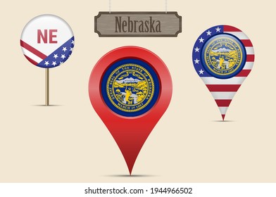 Nebraska US state round flag. Map pin, red map marker, location pointer. Hanging wood sign in vintage style. Vector illustration. American stars and stripes flag. Two-letter state abbreviation.
