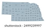 Nebraska, U.S. state, subdivided into 93 counties, gray political map with borders and county names. Triply landlocked state in the Midwestern region of United States, nicknamed The Cornhusker State.