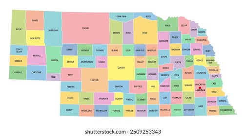 Nebraska, U.S. state, subdivided into 93 counties,multi colored political map with capital Lincoln, borders and county names.State in the Midwestern region of the United States. The Cornhusker State.