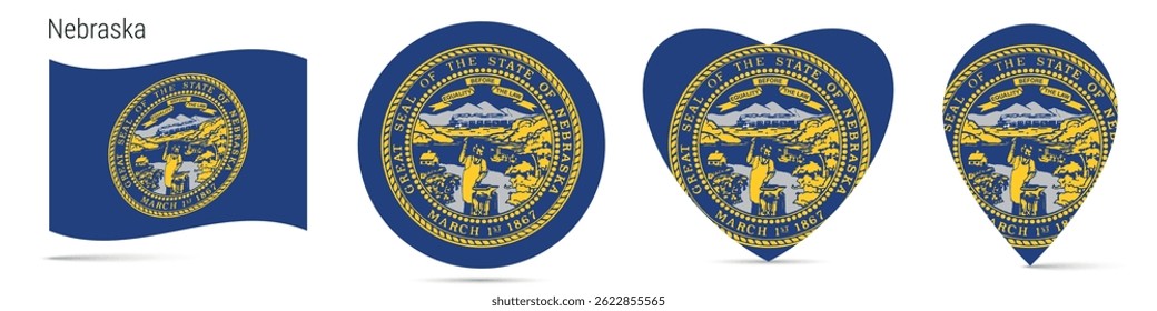 Nebraska US state waving flag, round circle sticker badge, heart shaped icon, map pin. Flag buttons of different shapes. Vector illustration isolated on white.