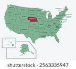 Nebraska, USA. Editable isolated blank vector map of United states, highlighted at Nebraska state.