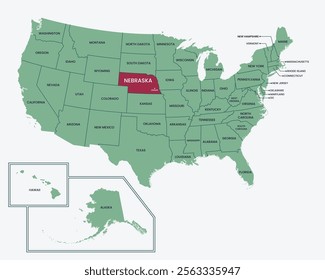 Nebraska, USA. Editable isolated blank vector map of United states, highlighted at Nebraska state.