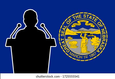Nebraska USA Flag Background Man Speaks. Business Man Presentation Conference Concept.