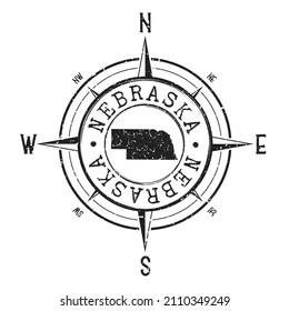 Nebraska, EE.UU. Stamp Map Compass Adventure. Ilustración Símbolo de país de viaje. Icono de la rosa del viento de la Expedición de sello.