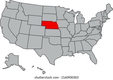 Nebraska vector illustration in gray color. United States of America map. Highlighted in red territory of the US. Contours of the USA. Web, poster, study, articles, economy, geography