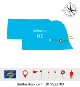 Nebraska Vector Map Isolated on White Background. High Detailed Silhouette of Nebraska State. Vector Flag of Nebraska. 3D Map Markers or Pointers, Navigation Elements. Rose of Wind or Compass Icon