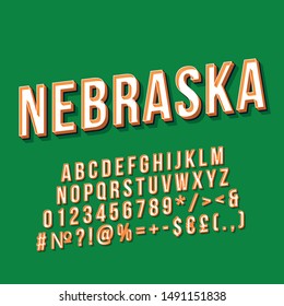 Nebraska vintage 3d vector lettering. Retro bold font, typeface. Pop art stylized text. Old school style letters, numbers, symbols, elements pack. 90s, 80s poster, banner. Green color background