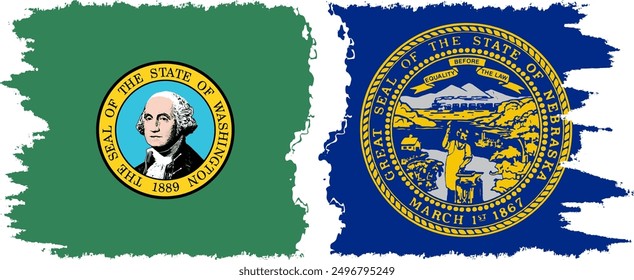 Nebraska and Washington states grunge brush flags connection, vector