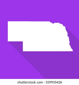 Nebraska white map,border flat simple style with long shadow on purple background