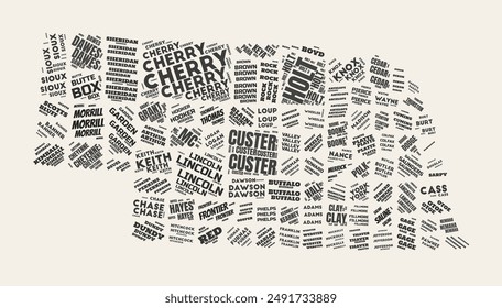 Nebraska Word Cloud. State with counties division. Nebraska typographic text clouds vector image design. Vintage gazette style state shape image. Modern vector illustration.