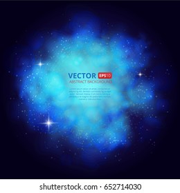 Nebula abstract background with place for text and bokeh effect. Night sky with stars and clouds. Vector Illustration.