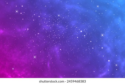 Nebula background. Color glowing cosmos. Purple and blue galaxy with bright stars. Beautiful cosmic gradient with stardust. Magic colorful universe. Vector illustration.