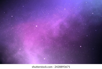 Nebula background. Cosmic stardust effect. Cosmos fantasy design. Glowing clouds with bright stars. Color universe with star energy. Outer space wallpaper. Vector illustration.