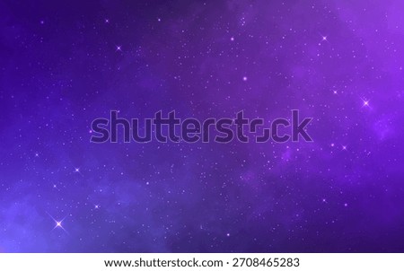 Nebula background. Glowing starry cosmos. Purple space texture. Magic stardust galaxy. Outer space wallpaper. Realistic cosmic clouds with bright stars. Infinity color universe. Vector illustration.