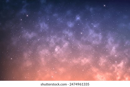 Nebula background. Magic cosmos clouds and stars. Glowing bright galaxy. Color infinite universe. Deep space with stardust. Starry space wallpaper. Vector illustration.