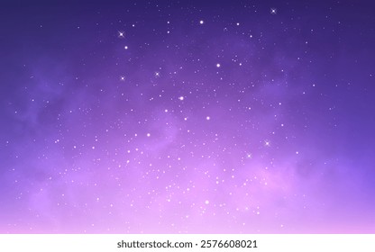 Nebula background. Purple space texture. Realistic color galaxy. Bright starry cosmos. Glowing outer space wallpaper. Magic cosmic clouds with stardust. Vector illustration.