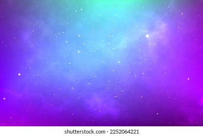 Fondo nebuloso. Galaxia azul realista. La textura del cosmos mágico con estrellas brillantes. Colorido espacio estrellado. Universo duro. Gradiente de fantasía púrpura. Ilustración vectorial.