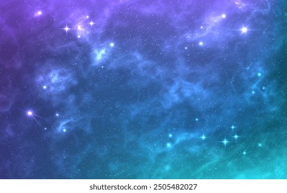 Nebula background. Realistic cosmos wallpaper. Bright glowing stars. Beautiful starry universe. Sparkling space dust and clouds. Fantasy cosmic texture. Vector illustration.