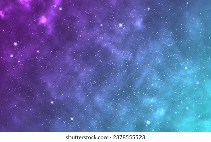 Nebula background. Realistic outer space. Blue universe with constellations. Stardust poster template. Bright cosmos light. Fantasy glowing clouds. Vector illustration.