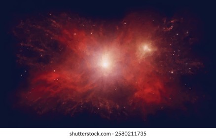 Nebula in cosmos with stars and stardust, red and white light on dark sky background, realistic vector illustration